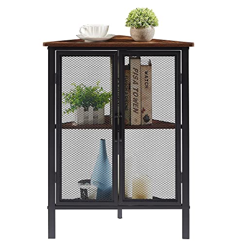 VECELO 3 Tier Corner Cabinet Shelf, Floor Standing Storage Organizer Shelves with Grid Doors for Small Space, Living Room, Bedroom, Kitchen, Balcony, Brown