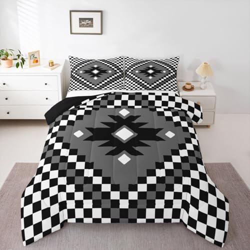 Image of Feelyou Aztec Bedding Set Soft for Boys Girls, Black White Checkered Comforter Set Full Size Boho Western Decor Duvet Quilt Microfiber Farmhouse Bedroom Decor 3 Pcs with 2 Pillow Cases