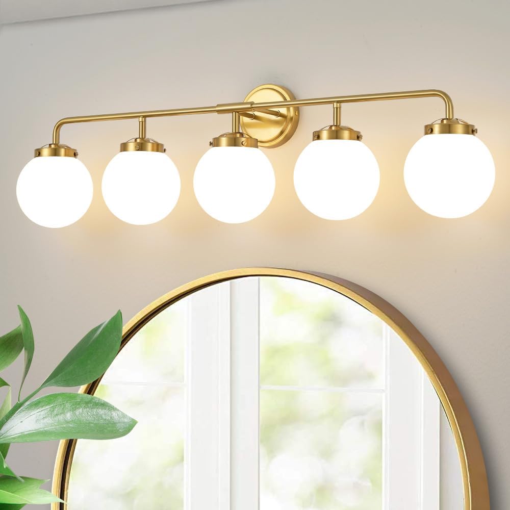 ( Incomplete) Bathroom Light Fixtures Gold Vanity Lights Over Mirror, Modern Wall Sconce Lighting 5-Light with White Glass Globe Shade Gold Milk white shade-5lights
