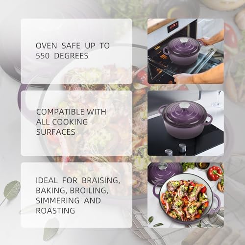 Image of Dutch Oven Enameled Cast Iron with Lid - Big Dual Handles - Oven Safe up to 500F - Classic Round Pot for Versatile Cooking (Purple, 3 QT)