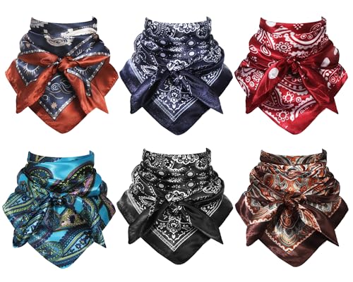 gisgfim 6 Pcs Wild Rag 35 Inch Western Cowboy Rag for Adults Rancher Neckerchief Oversize Head Scarf Bandana Large Western Silk Rags Large Square Bandana Silk Like Neck Scarf Shawl for Men Women