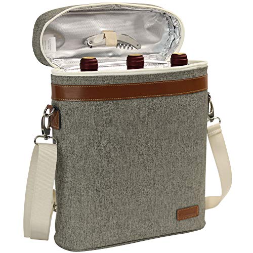 3 Bottle Insulated Wine Tote Cooler Bag, Portable Wine Carrier with Corkscrew Opener