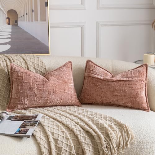 Image of MADIZZ Pack of 2 Chenille Throw Pillow Covers 12x20 Inch Pink Soft Neutral Decorative Throw Pillows for Couch Sofa Boho Accent Cushion Covers Modern Farmhouse Home Decor for Bedroom Living Room