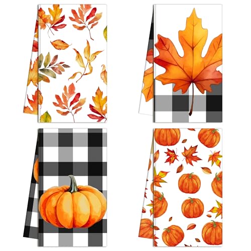 Maniaacer Fall Kitchen Towels Maple Leaf Pumpkin Plaid Hand Towels Fall Thanksgiving Dish Towels Drying Cloth Towel Autumn Dishcloth Tea Towels For Autumn Bathroom Kitchen Cooking Baking cover
