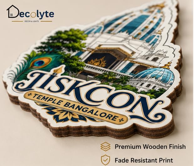 Image of Iskcon Temple Bangalore Theme Wooden Fridge Magnet Souvenir | 3x3 in Kitchen Home Decor Gift