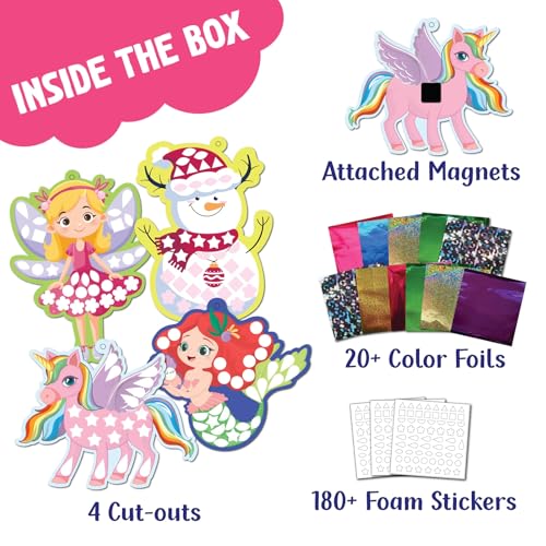 Image of SparkLPlay DIY Craft Kit for Kids - Unicorn Theme Foil Fun Coloring Set, 4 Fridge Magnet Cutouts & 20+ Color Foils. Mess Free. Gift for Kids Ages 4-9