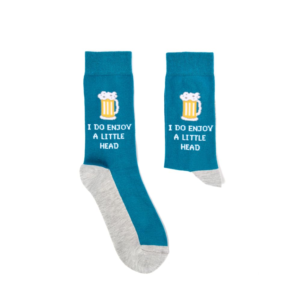 Urban Eccentric I Do Enjoy a Little Head – Funny Beer Socks | Unisex Novelty Gift for Beer Lovers | Blue & Grey Crew Socks