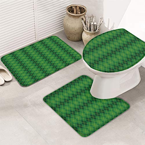Chic D St. Patrick's Day Green Plaid 3 Piece Bath Mat Rug Sets for Bathroom Non Slip Geometric Check Luxury Soft Absorbent Bathroom Rugs Contour, Mats and Toilet Lid Cover,Washable/Dryable