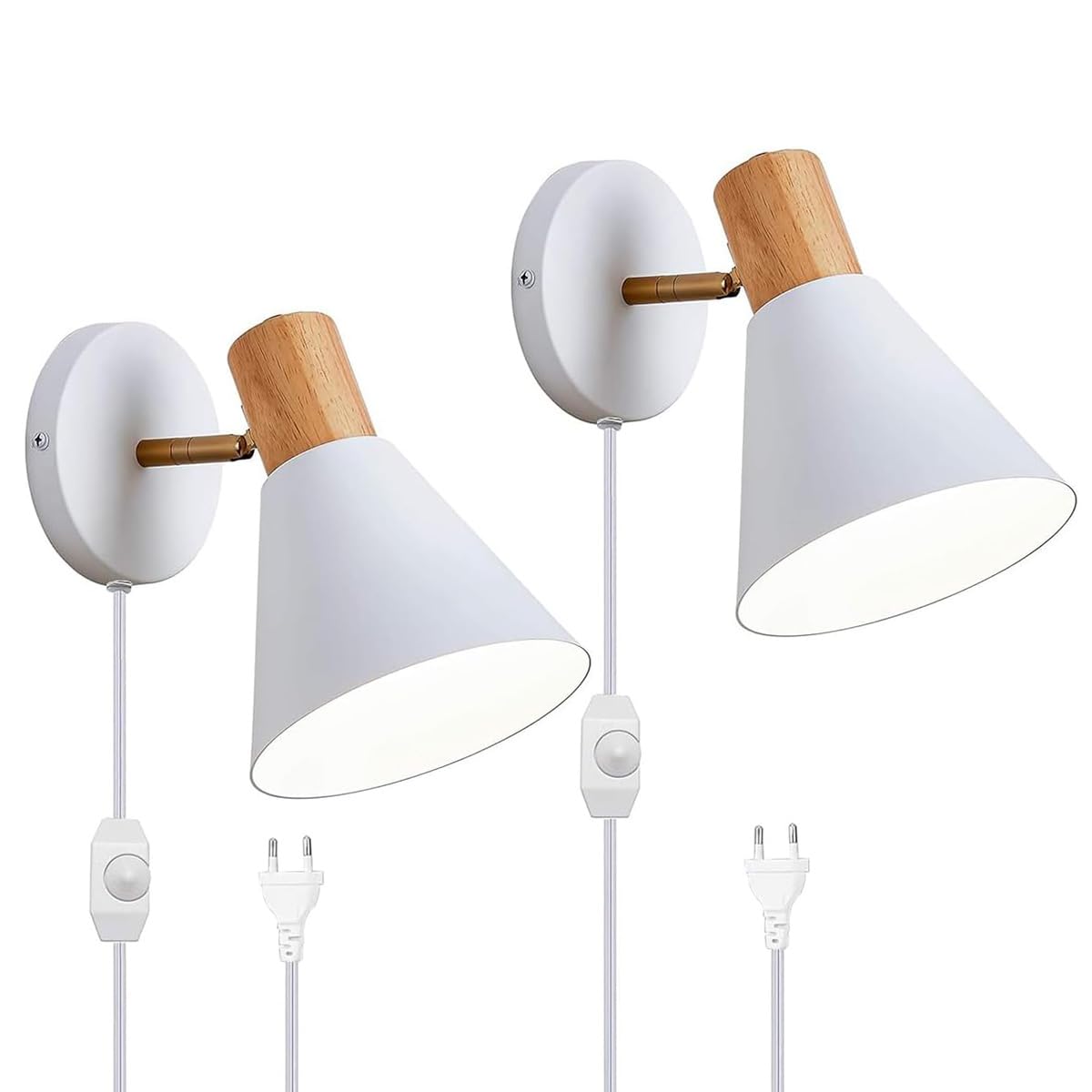EaEa Retro Innen Wandleuchte Vintage mit Kabel, E27 Wandlampe aus Metall und Holz mit Schalter und Stecker, Verstellbare Nachttischlampe Wand Leselampe Wandspot für Schlafzimmer Wohnzimmer Hotel,Weiß