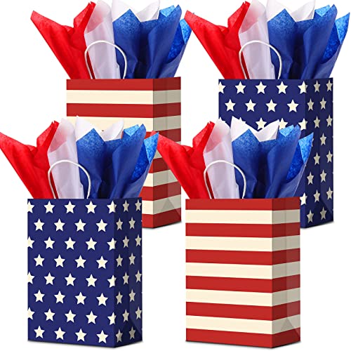 Sacs cadeaux du 4 juillet en papier avec poignée et papier de soie drapeau américain x16