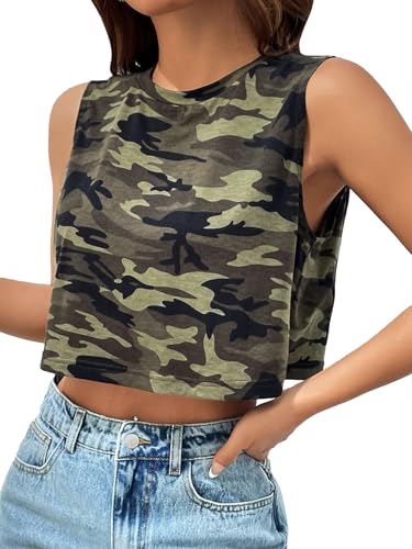 WDIRARA Women's Y2k Camo Print Crop Tank Top Sleeveless Crewneck Streetwear Top
