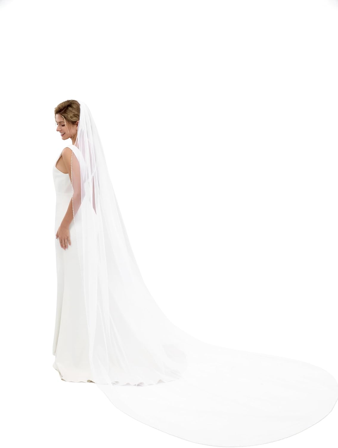 Wedding Veil, Pearls and Crystals Beaded Edge, 1 Tier Bridal Veil With Metal Comb Veils for Women Wedding