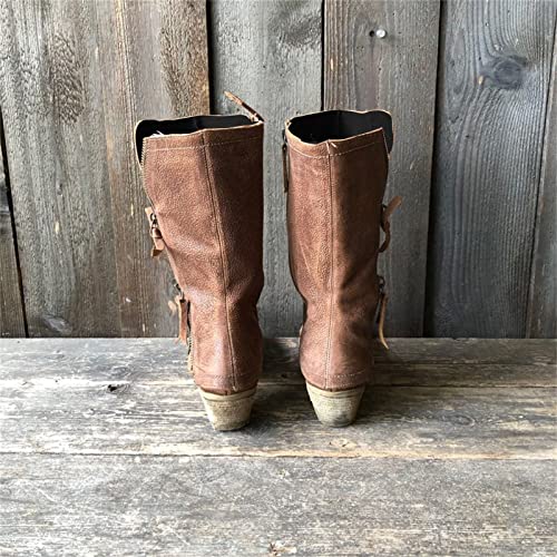 Oiangi Women Western Cowboy Chunky Boots - Vintage Casual Round Toe Side Zipper Block Mid Heel Mid-calf Solid Comfy Motorcycle Casual Shoes3