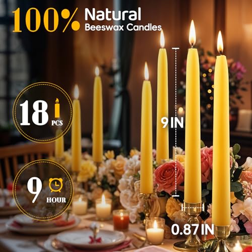 Image of Beeswax Taper Candles, Handmade Natural Candles Sticks,9 Inch,18 Pack