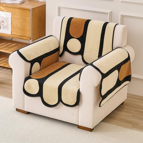 Image of HOKIPO 'Moderna Curves' Complete (Seat+Back+Arm) Sofa Mat Set for 1 Seater Sofa | Luxury All Season Sofa Cover Mat with Anti Slip Backing, Oyster Beige (AR-6121+AR-6120 * 2+AR-6309)