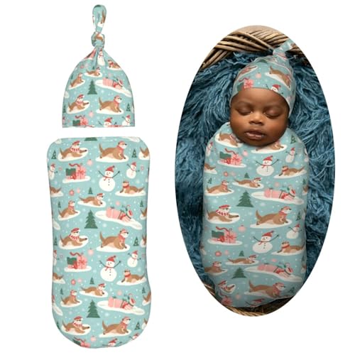 Image of Winter Otters and Snowmen Newborn Swaddle Blankets Hat Sets Soft Baby Receiving Blanket Swaddle Sack for Baby Shower Infant Boy Girl Gift
