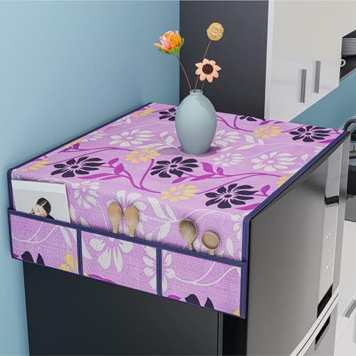 Image of Kuber Industries Cotton Fridge Top Cover | Washable & Anti-Dust Refrigerator Top Cover with 6 Utility Pockets for Kitchen | Flower Design - Purple