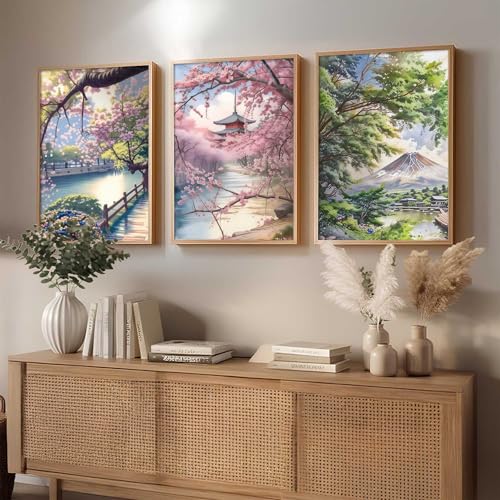 Image of kotart Big Aesthetic Japanese Nature Art View Framed Poster | Mount Fuji Wall Framed Posters for Living Room Bedroom Wall Decor Set Of 3 (19X25 inch)