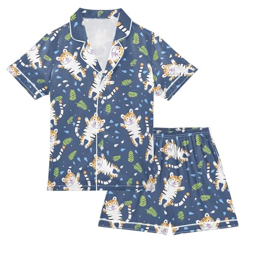 ALAZA Tiger Print Leaves Pajamas Satin Pajama Set Short Sleeve Button Down Sleepwear