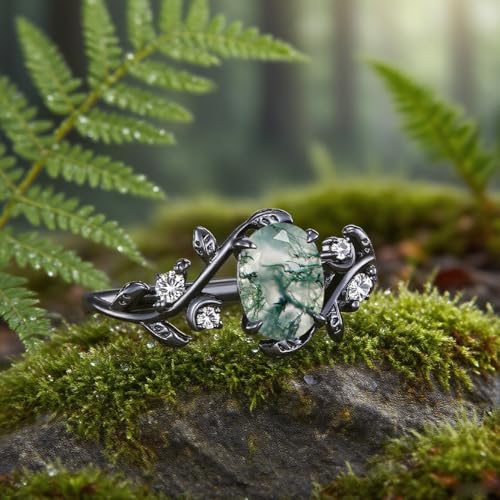 Natural Heart/Oval/Hexagon Moss Agate Couple Black Engagement Rings Set for Men and Women Matching Rings for Couples S925 Silver/10K/14K/18K Real Gold Vintage Vine Wedding Jewelry for His and Her（size 4-16）2