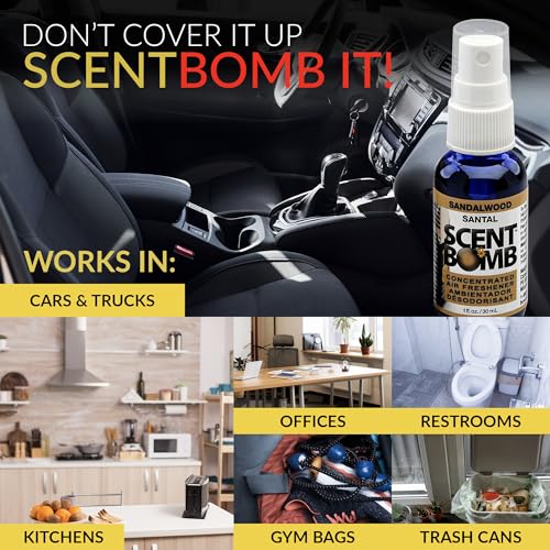 Image of Scent Bomb Air Freshener Spray, Long-Lasting Odor Eliminator - Effective Deodorizer for Home & Car, Fresh Room Spray for Kitchen, Bathroom & Smell Neutralizer - 1 oz Pack of 4, Sandalwood Scent