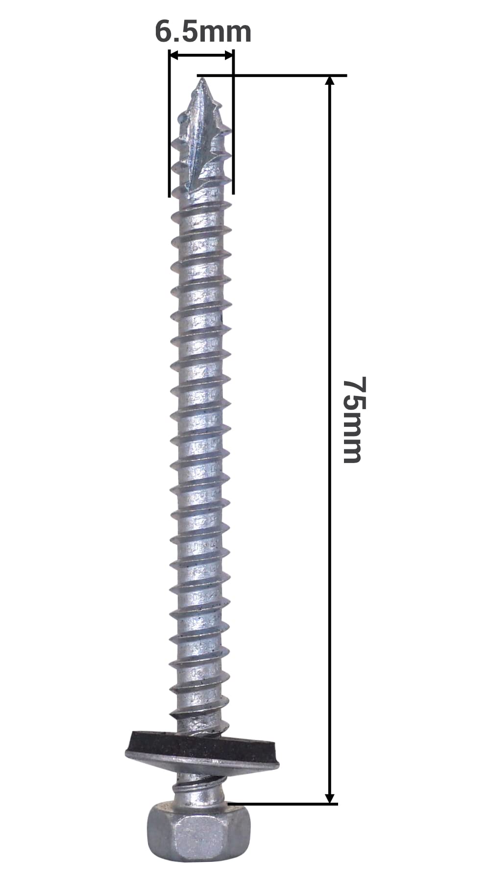 SKIR'CO Tornillos para techos chapados en zinc, 6,5 x 75 mm, tornillos autorroscantes con arandelas EPDM, cabeza hexagonal