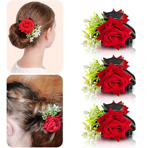 Sanas Red Rose Hair Clip (3 Pcs) Flower Claw Clips Rose Hair Clip For Women & Girls Red Flower Hair Clips For Hair Decorative Hair Clips For Women Flower Claw Clips For Hair (3 Pcs)