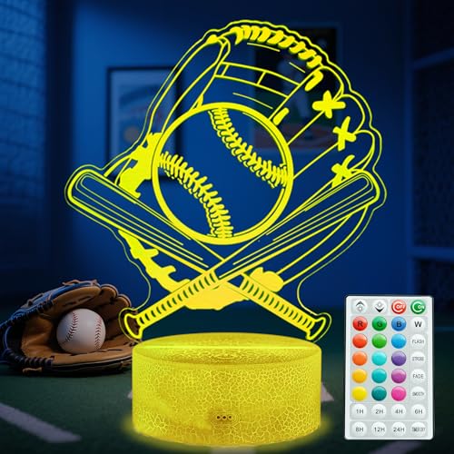 Baseball Night Light, Baseball Player Gifts, 3D Illusion Lamp with 16 Colors Changing, Remote Control with Timer, Dim Function, Birthday Xmas Holiday Gift for Boys and Girls