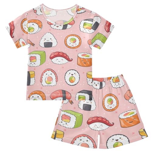 Pajama Short Sets Kawaii Sushi Seamless Pattern Soft Cotton Summer Sleepwear 2 Piece PJS Size 5-14T