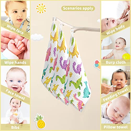 Image of Cartoon Dinosaur Baby Muslin Washcloths Cute Burp Cloths Soft Absorbent Baby Wash Cloth Fingertip Face Towels for Newborn Boys Girls 12 x 12 in, 5 Pack