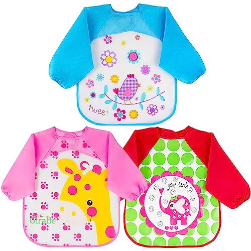 Vicloon Baberos del Bebé Impermeable, 3pcs Baberos Bebe Recien Nacido,Babero con Mangas Impermeable Infantil para Pintar con Mangas Largas de Bebé,Baberos de Alimentación para Bebés