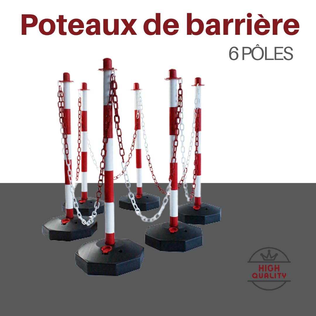 Poteaux de clôture rouge-blanc - Lot de 6 poteaux avec chaîne de 22 m - Poteaux de chaîne en plastique et ruban de balisage