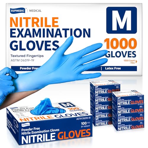 Supmedic Nitrile Exam Glove, 3.5 mil Disposable Medical Gloves Powder-Free Latex-Free Food Safe Cleaning Cooking,1000 pcs Blue (Medium)