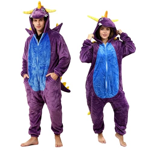 ORIENTOOLS Unisex Erwachsene Pyjama Schlafanzug Plüsch Damen Herren Onesie Jumpsuit Einhorn Tier Kostüm Halloween Karneval Kostüm (DE/NL/SE/PL Alphanumerisch L Regular Regular Violett Drachen)