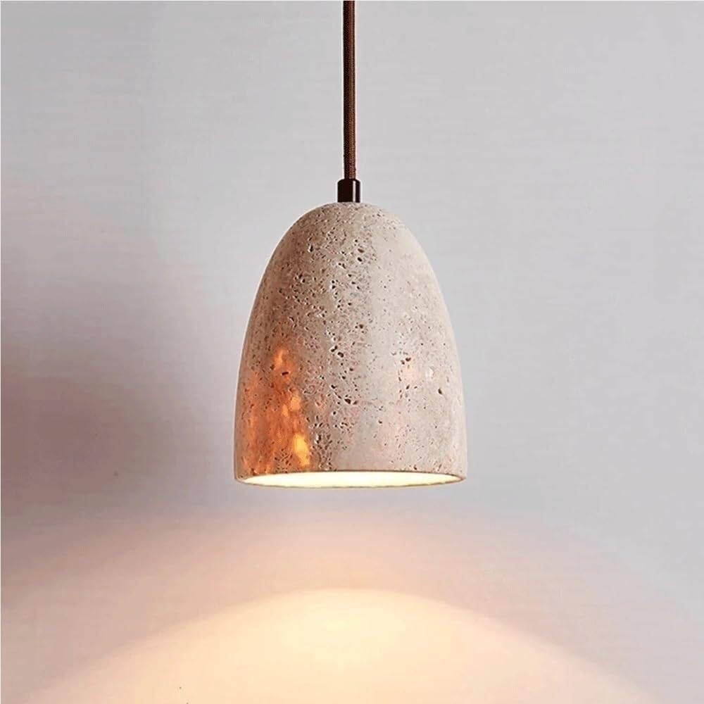 LYMSXAZOU Modern Walnut Wood Canopy Chandelier Bell Shaped Travertine Pendant Light for Bedroom Bedside Living Room Kitchen Island Dining Minimalist Lighting