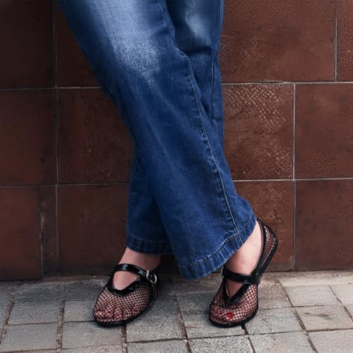 MUCCCUTE Mesh Ballet Flats for Women Mary Jane Flats Ballerina Round Toe Buckle Strap Fishnet Patent Leather Trimmed Comfy Shoes3
