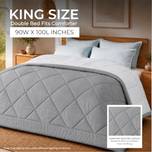 Image of King Size Comforter for Double Bed, 220 GSM Soft Microfiber AC Blanket, All Season Lightweight Reversible Bed Quilt, Premium Bedding, 90 x 100 Inch, Grey-Light Grey