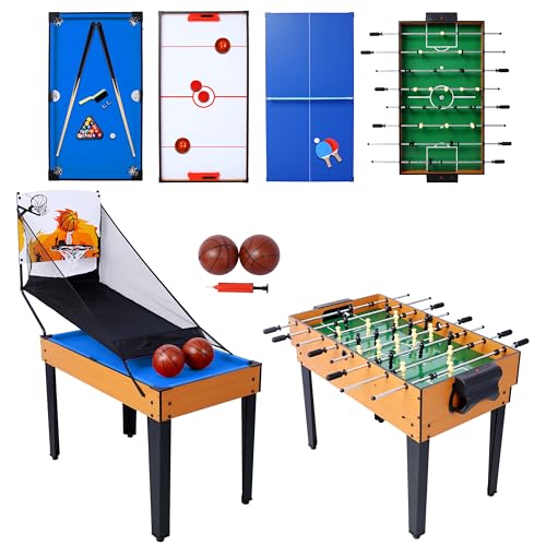 5-in-1 Combo Game Table Set for Home, Game Room, Friends & Family - with Billiards, Push Hockey, Foosball, Ping Pong, and Basketball - Brown + Red