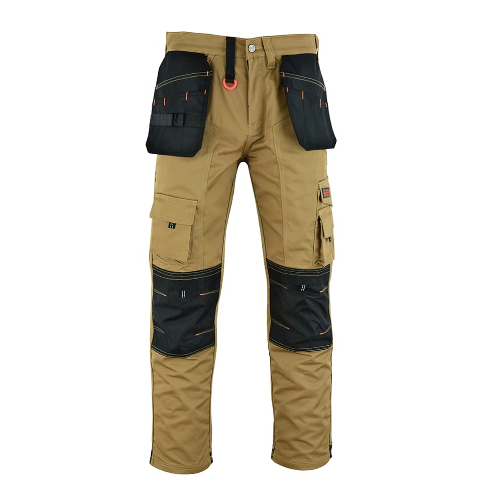 Wrightfits Men's Khaki Holster Work Trousers - Heavy Duty Safety Combat Cargo Pants - Multi Pockets - Knee Pad Pockets - Triple Stitched - Durable Workwear (42W X 31L)