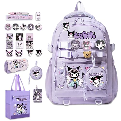 Roffatide Anime Kawaii Rucksack mit 12 Stück Zubehör Cartoon Reise Ästhetik Neues Semester Geschenktasche mit niedlichen Pins Anti-Diebstahl Laptop Rucksack Reise Wandern Tagsäcke Rucksack Lila