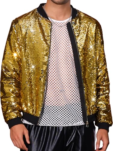 Image of Lars Amadeus Sequin Varsity Jacket for Men's Zipper Party Disco Flip-Sequin Shiny Bomber Jackets