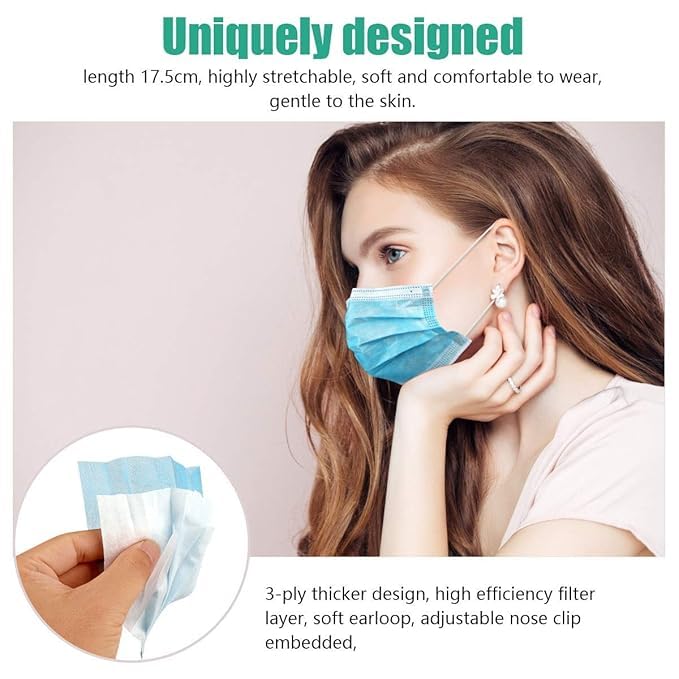 3Ply Safety Disposable Face Mask-Pack of 100 | 3 Layers Blue Protective Face Mask For Daily Use | Breathable Facemasks, Anti-Dust Disposable Mask with Earloop for Personal Care 1