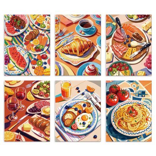 DOODLREAM Confezione da 6 poster da parete in tela impermeabile senza cornice, motivo cibo gourmet, 30 x 40 cm, per colazione, picnic, per casa, cucina, caffè, ufficio, ristorante, sala da pranzo