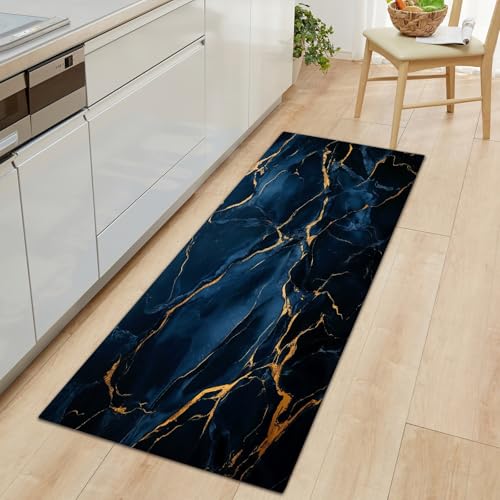 Genérico Alfombras Largas 60 x 180 cm para Pasillo, Alfombra Estrecha Antideslizante Azul Oscuro, Lavable Textura Abstracta de Mármol de Ágata para Escaleras, Cocina, Entrada y Corredor