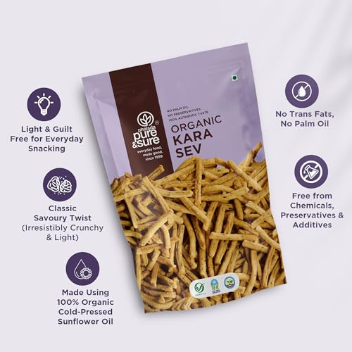 Image of Pure & Sure Organic Kara Sev 200gm| Delicious Crunchy Namkeen & Snacks | Ready to Eat Tea Time Snacks, Cholesterol Free, No Trans Fats, No Preservatives| 100gm each (Pack of 2)