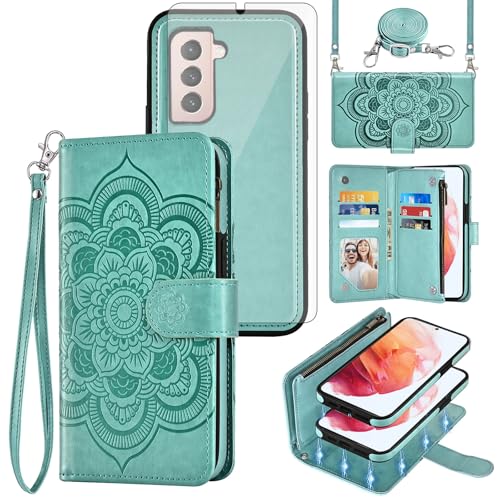 Coque Samsung S21 5G avec portefeuille détachable et bandoulière fleurie pour vos sorties