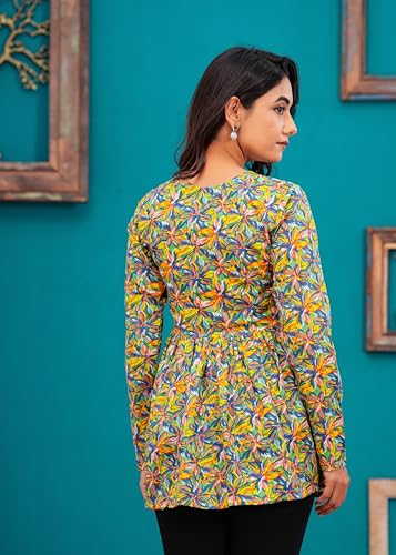 Image of LABEL ADRIJA Cotton V Neck Anarkali Short Kurti for Women Full Sleeve Floral Print | Short Kurtis for Women on Jeans