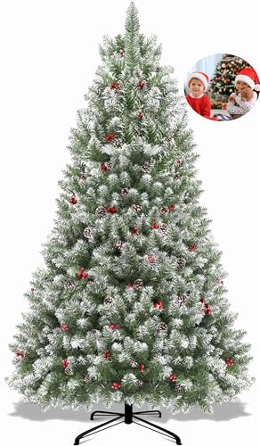 Árvore de Natal, Arvore de Natal 1,80m 850 Galhos, Árvore de Natal com Base de Metal, Arvore de Natal, Verde, Cerejas E Neve, com Pinhas