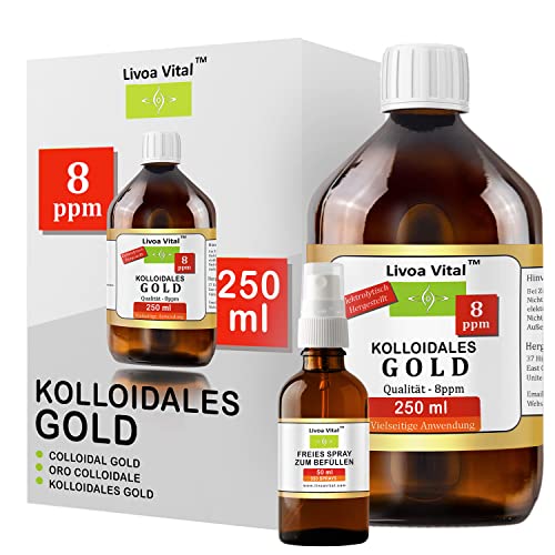Kolloidales Gold 8ppm/250ml - Mit Gratis Spray Sprühflasche - Beste Qualität Durch Spezielles Verfahren - Höchstmögliche Reinheitsstufe von 99 99%