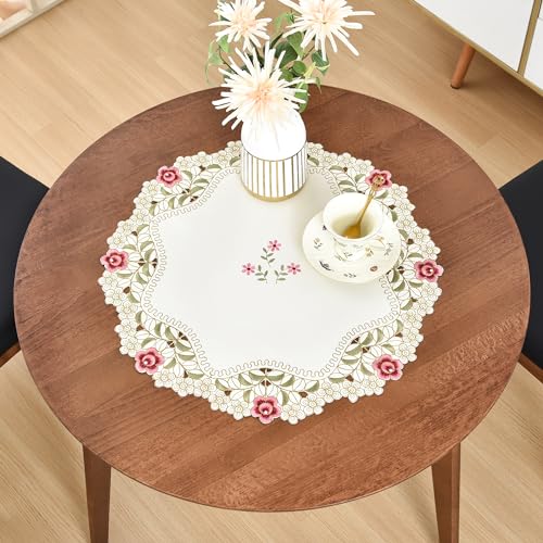 Wolkemer 2 Pack Small Round Doily Embroidered Place Mat Lace Table Topper Vintage Beige End Table Cover for Coffee Wedding Dinning Party 20 Inch